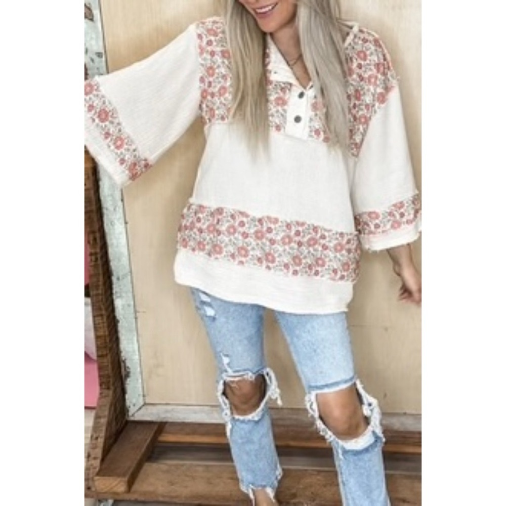 POL Cream 3/4 Sleeve Roomy Fit Henley Top with Floral Contrast - Picture 2 of 10